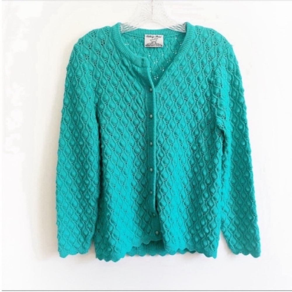 College Point sweater teal vintage knobby buttons wintuck orlon acrylic